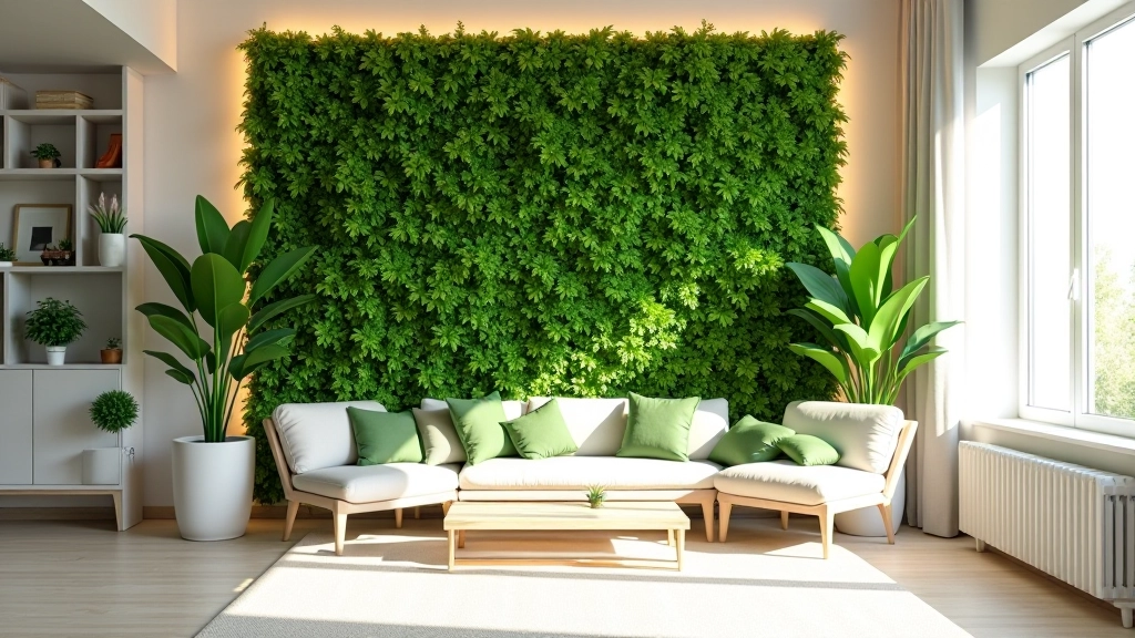 Interno moderno con parete viva e piante decorative, luce naturale da finestra