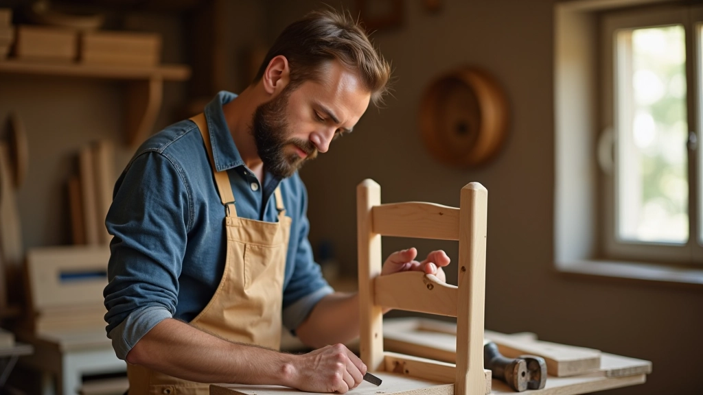 Artigiano al lavoro che costruisce una sedia in legno massiccio in una bottega tradizionale