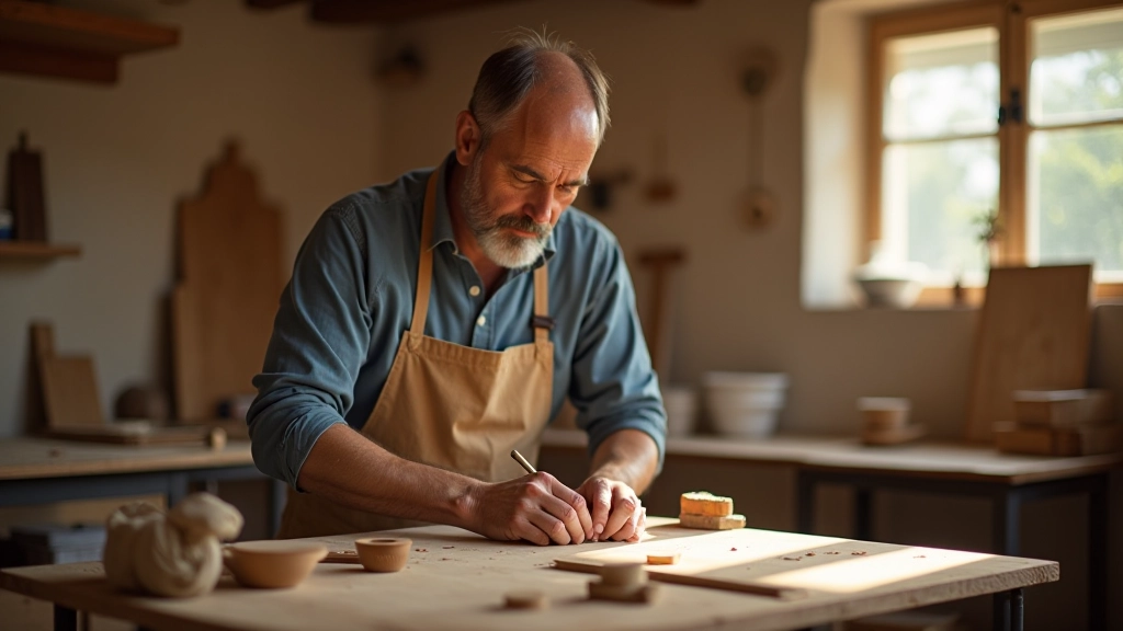 Laboratorio artigianale con maestro che lavora su progetto di mobili sostenibili in legno recuperato