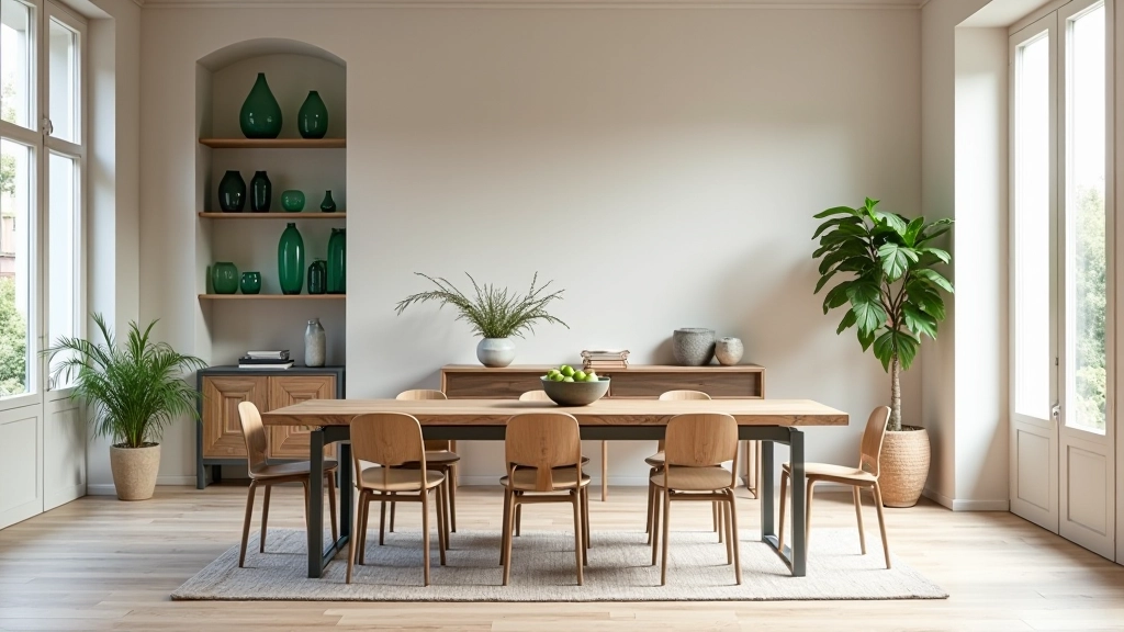 Interno contemporaneo con tavolo in legno riciclato, sedie in metallo e ripiani in vetro colorato