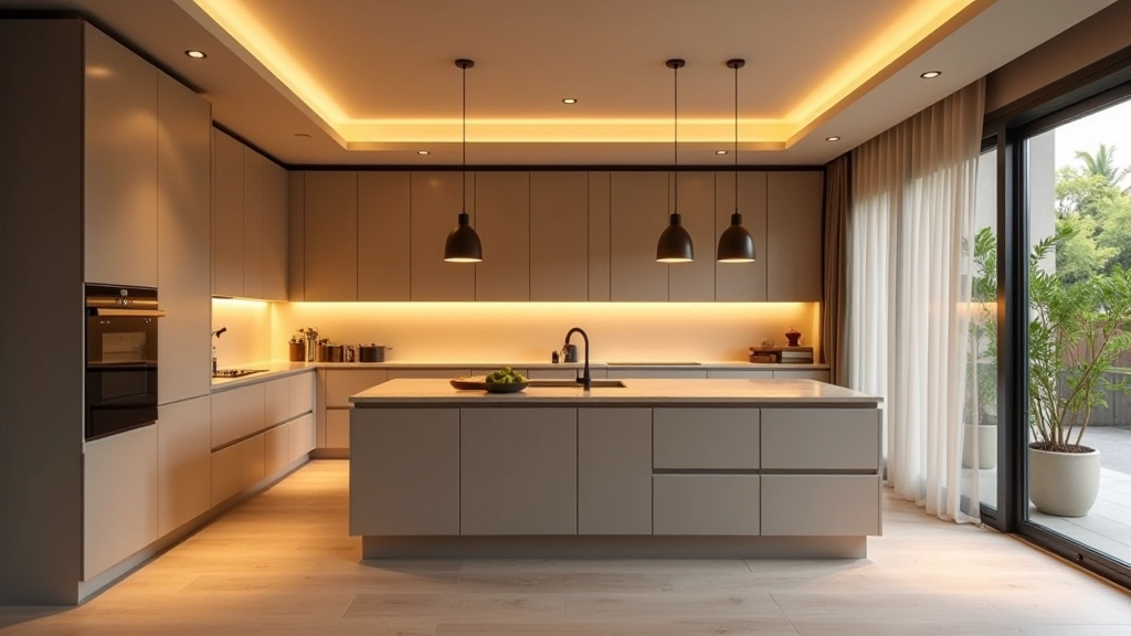 Moderna cucina con illuminazione LED a incasso, luci calde e fredde regolabili, design minimalista italiano