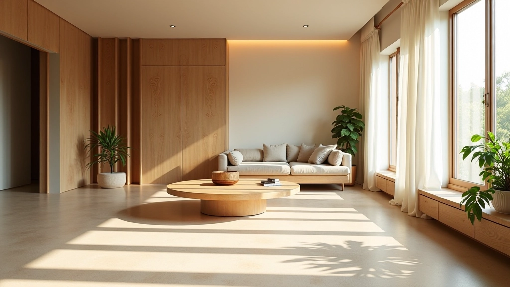 Spazio interno moderno con design sostenibile, materiali riciclati e illuminazione efficiente