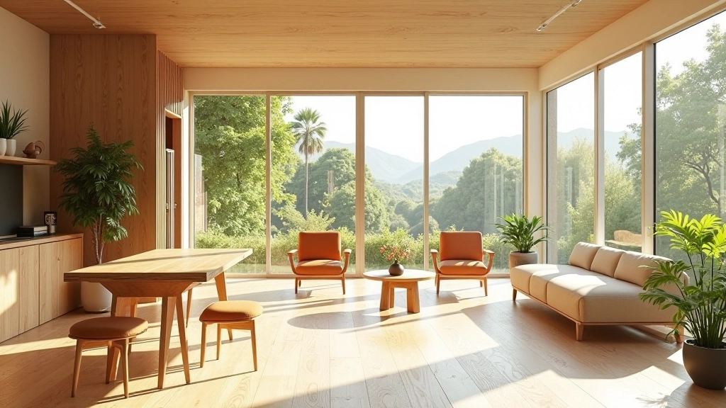 Interno moderno con design sostenibile, mobili in legno naturale e illuminazione naturale da grandi finestre