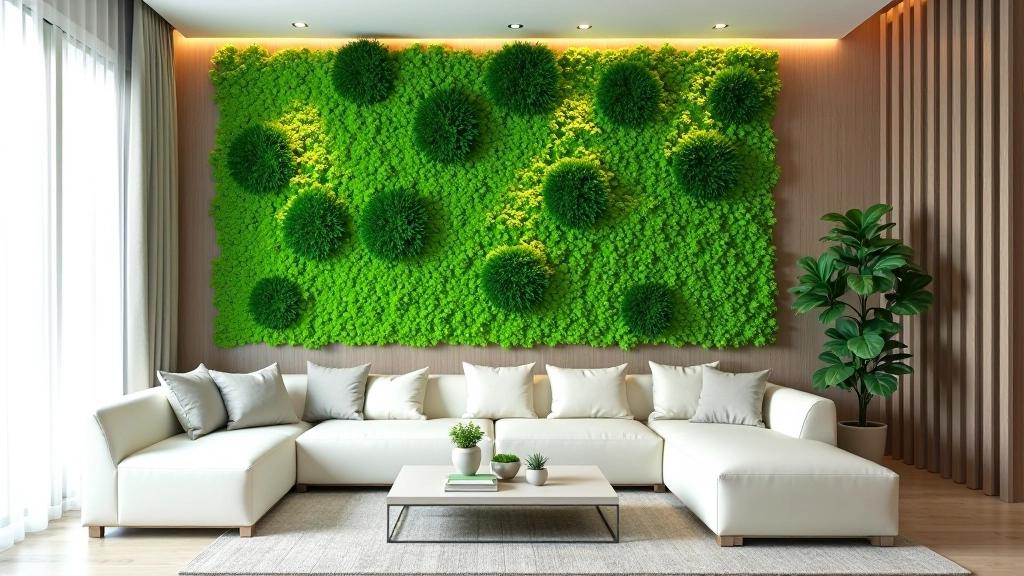 Parete viva di muschio e piante stabilizzate su muro interno, design minimalista