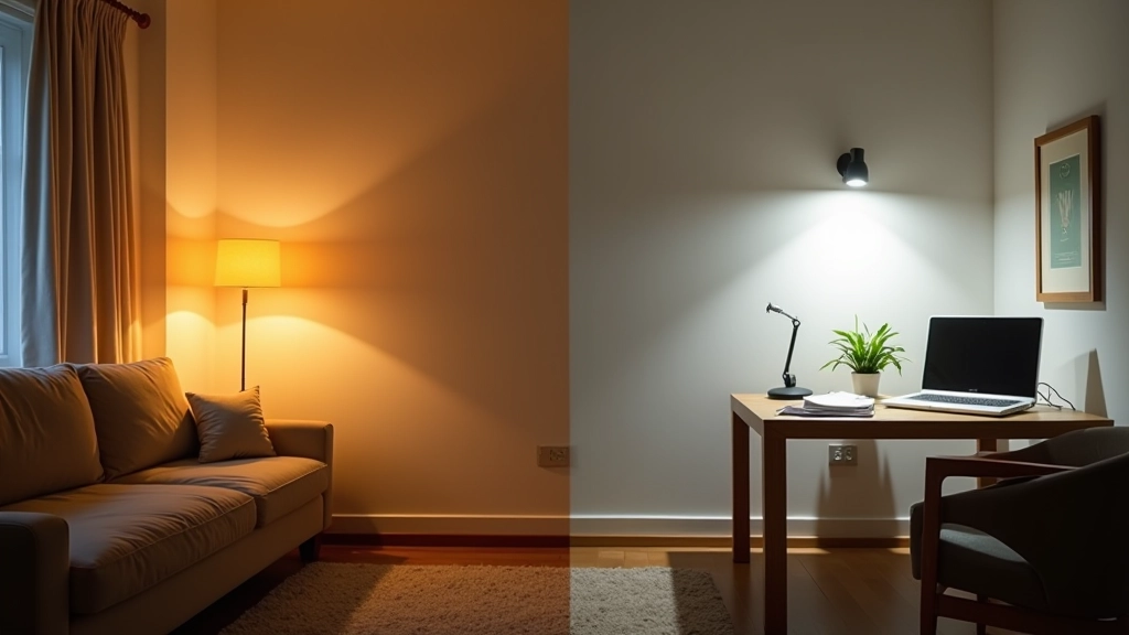 Confronto visivo tra diverse temperature di colore LED: luce calda in salotto, neutra in cucina, fredda in ufficio
