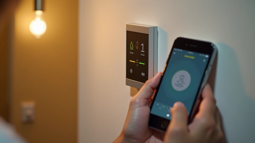 Smart lighting controller con interfaccia touch, smartphone mostra app di controllo illuminazione, luci regolabili su parete