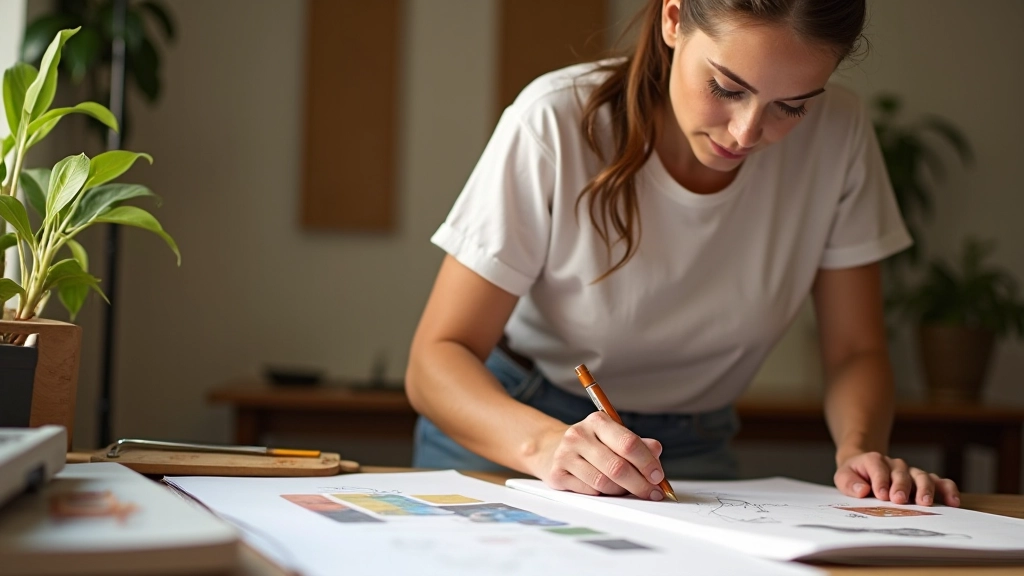 Studio di lavoro con campioni di materiali sostenibili e schizzi di design