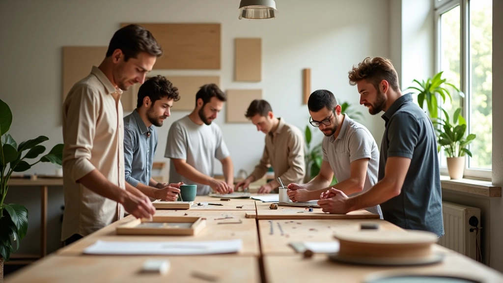 Gruppo di artigiani e designer sostenibili che lavorano insieme in uno spazio luminoso e moderno