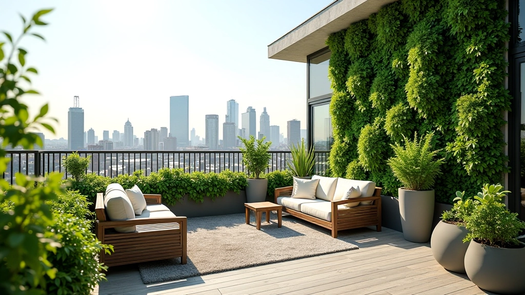 Terrazza verde urbana con piante e arredamento sostenibile in città