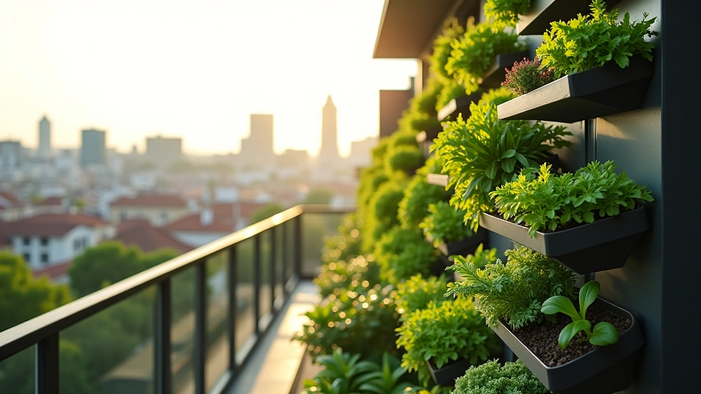 Orto verticale sul balcone con verdure e erbe aromatiche in contenitori modulari