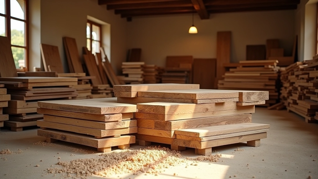 Stack di tavole di legno massiccio invecchiato naturalmente in bottega artigianale italiana